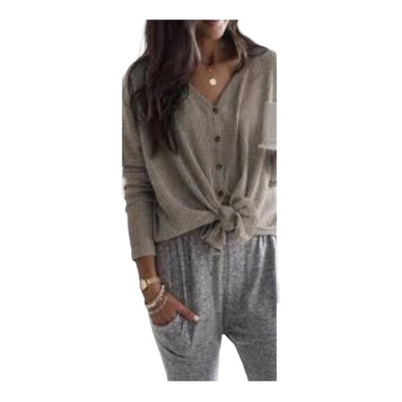 Sweaters - WALKING On Sunshine Grey Waffle Knit Front Tie Cardigan Sweater Size L